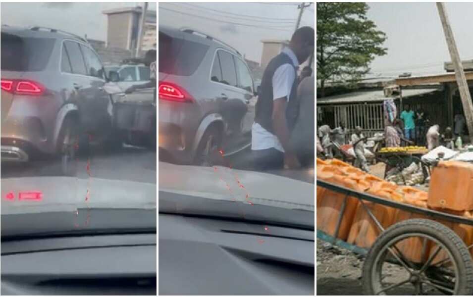 Lagos truck pusher scratches an expensive Mercedes Benz.
