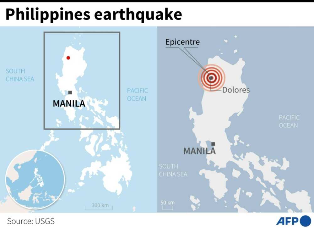 Map locating the epicentre of a magnitude 6.4 earthquake recorded in the northern Philippines on October 25, 11 km east of the city of Dolores