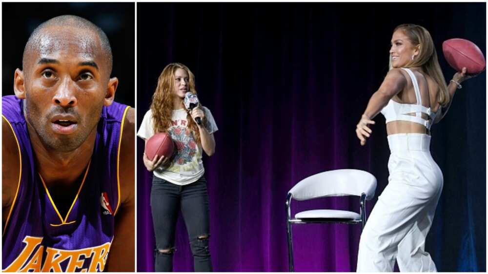 A collage of Kobe Bryant when he was playing for Lakers, and Jennifer Lopez and Shakira during the press conference.