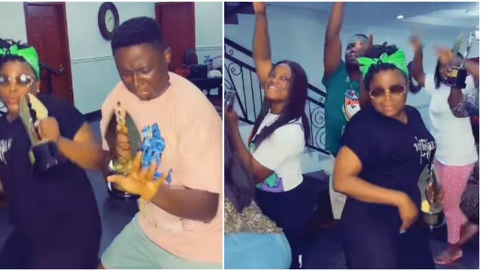 Despite shocking revelations from stepson, Funke Akindele shows off numerous awards with her crew members