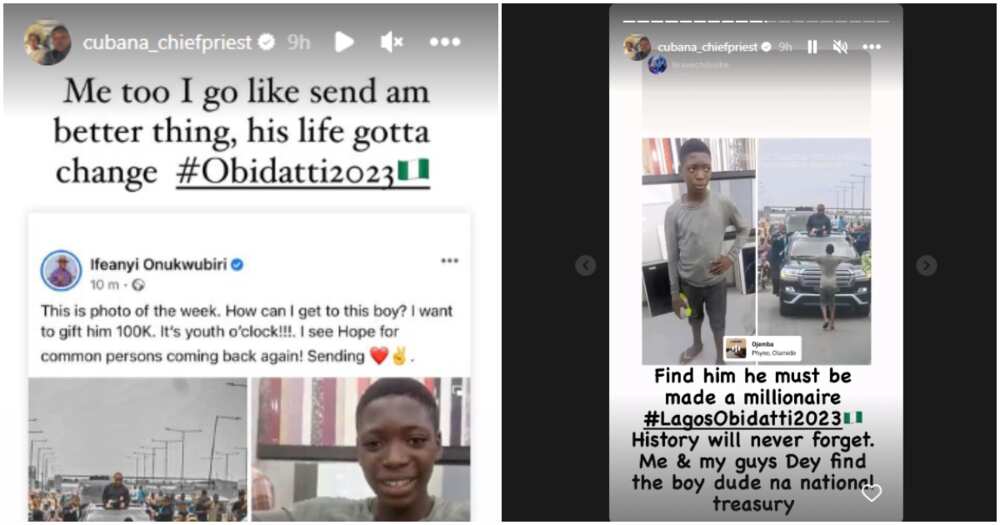 Cubana Chiefpriest looks for boy who went viral at Peter Obi's Lagos rally.