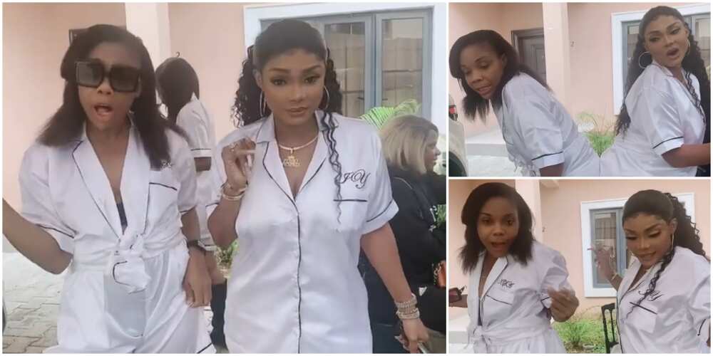 Dancer Kaffy gets knocked off by Iyabo Ojo's behind in hilarious video from Toyin Lawani's bridal shower