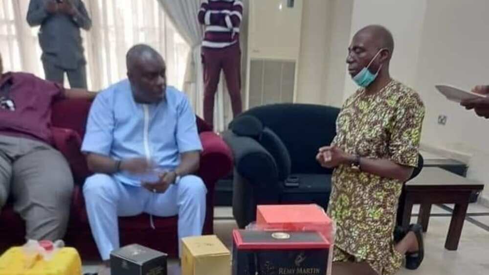 Nigerians React as 5-Term Senator from Delta James Manager Kneels Before ex-Gov James Ibori, Photo Emerges