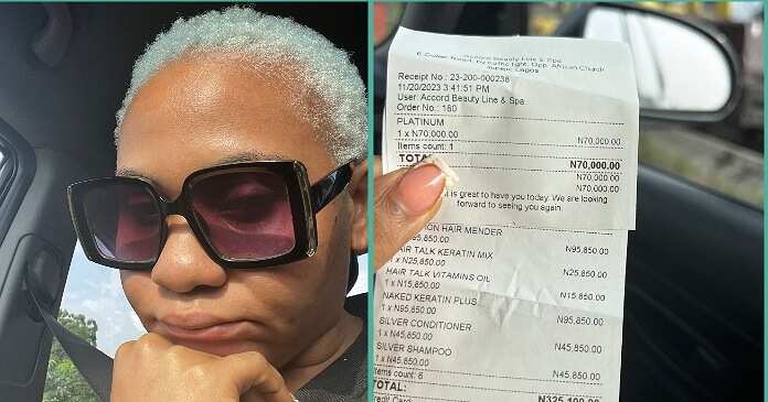 Lady on low cut displays receipt after spending N325k at salon