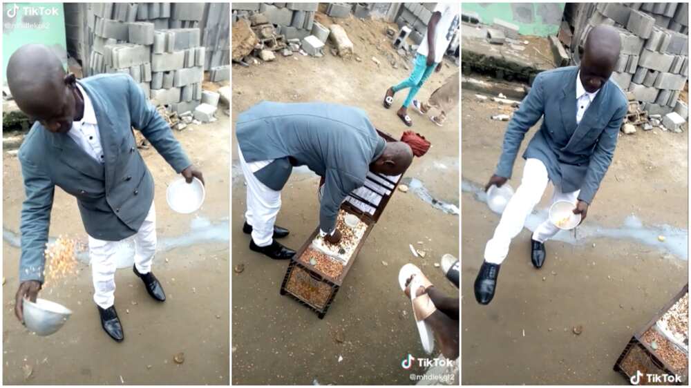 Looking good as a businessman/selling groundnuts.