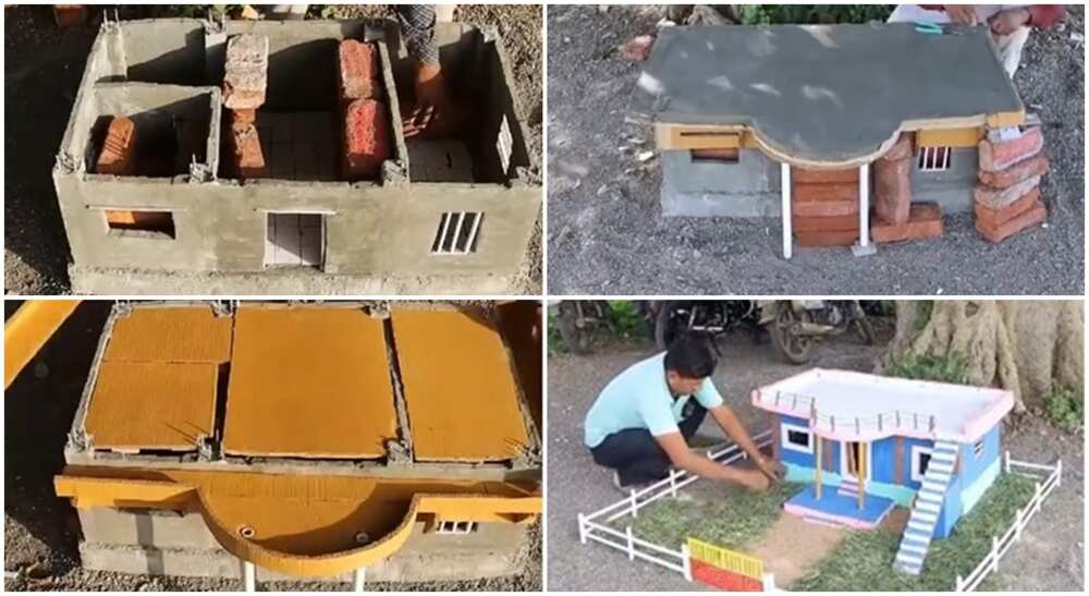 Photos of a man constructing a building.