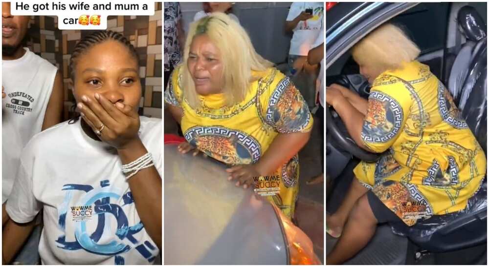 Photos of a lady and her mother-in-law after they got car gifts.