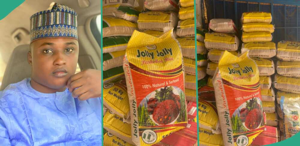 Kano trader selling cheap bags of rice displays it on Twitter.