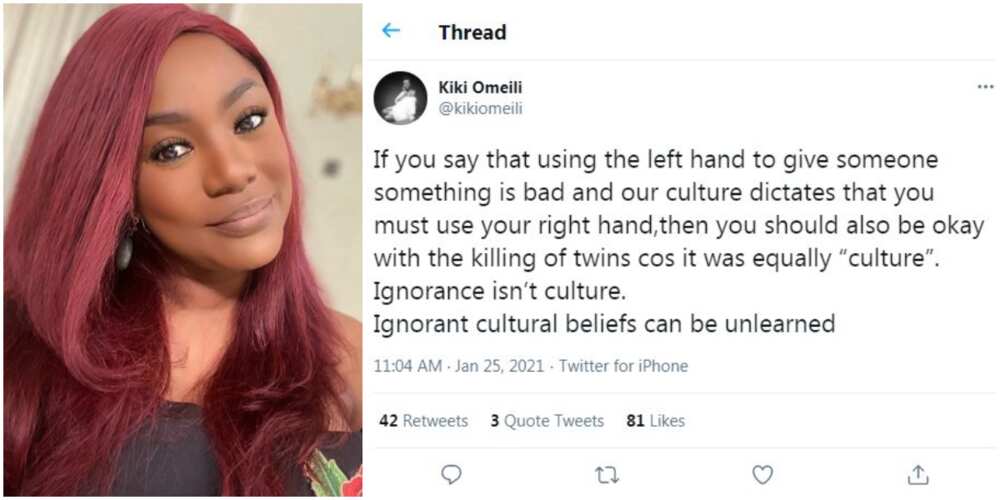 Actress Kiki Omeili compares left handedness to abolished culture of killing twins, fans react