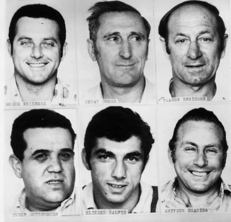 Six of the 11 Israeli Olympic team members who were killed in the attack in Munich, Germany on 1972, (top L-R) trainer Moshe Weinberg and officials Kehat Schur and Yakov Springer, (bottom (L-R) official Yosef Gottfreund, wrestler Eliezaar Halfen, and official Amitzur Shapira