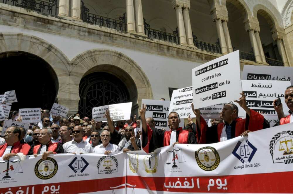 Judges gather for a protest against Tunisia's President Kais Saied outside the Tunis Palace of Justice in Tunisia's capital on June 23