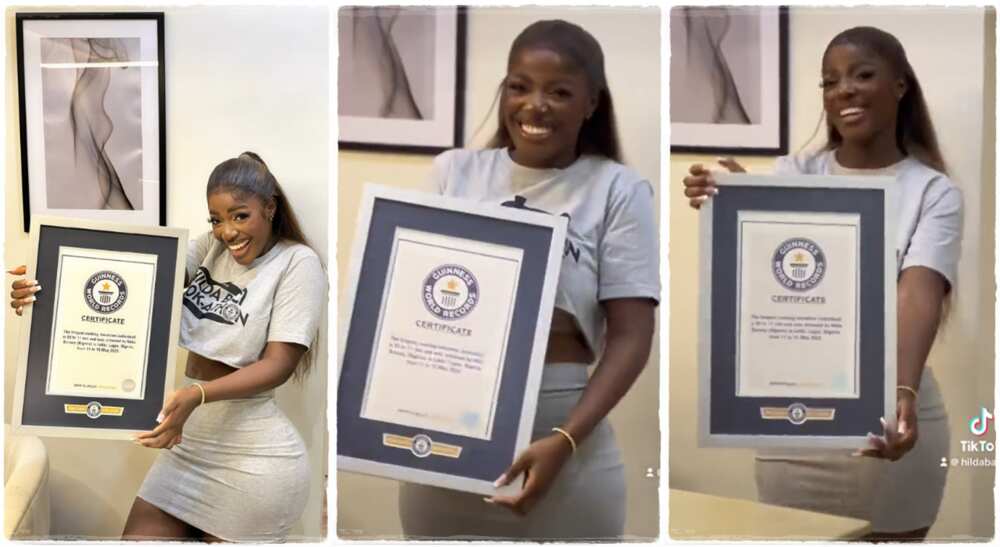 Photos of a Hilda Baci holding her Guinness World Records ceritificate.