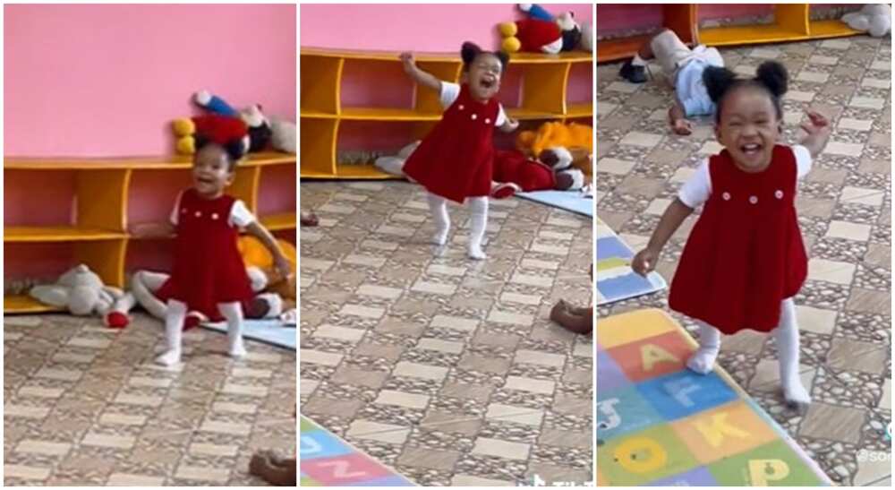 Photos of a baby rushing to meet her mother after school.