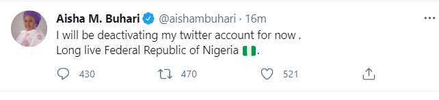Aisha Buhari reacts to Twitter ban, makes last emotional tweet to Nigerians