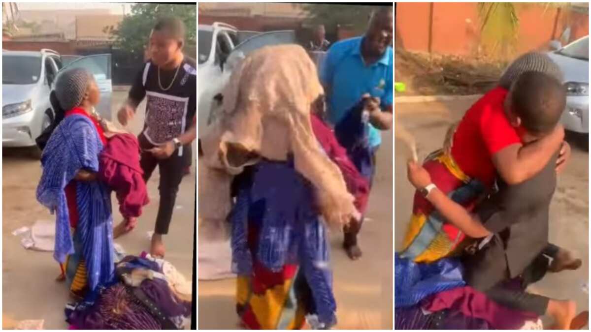 Why can't you just give them to her? Man 'dumps' new clothes on mum, sprays her cash, Nigerians react to video