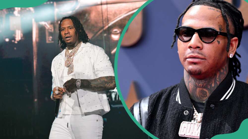 Moneybagg Yo performs onstage during CMG Gangsta Art Tour (L). The rapper at the BET Awards 2023 in LA (R)