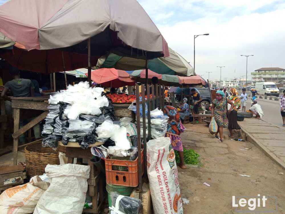 Polythene (nylon) and perishable goods on display at a market in Lagos state. Photo credit: Esther Odili