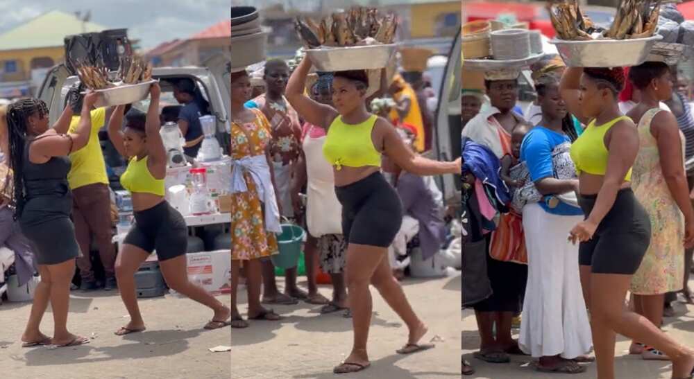 Photos of a curvy fish hawker walking through a market.