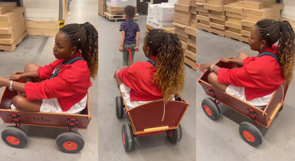Photos of a mother being pulled in a cart by her son.