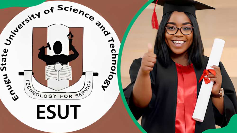 ESUT logo (L) and a student in a graduation attire (R).