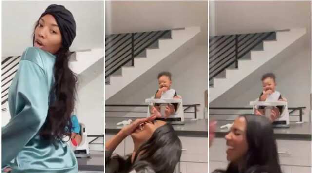 The little kid laughed at her mum who tried twerking.