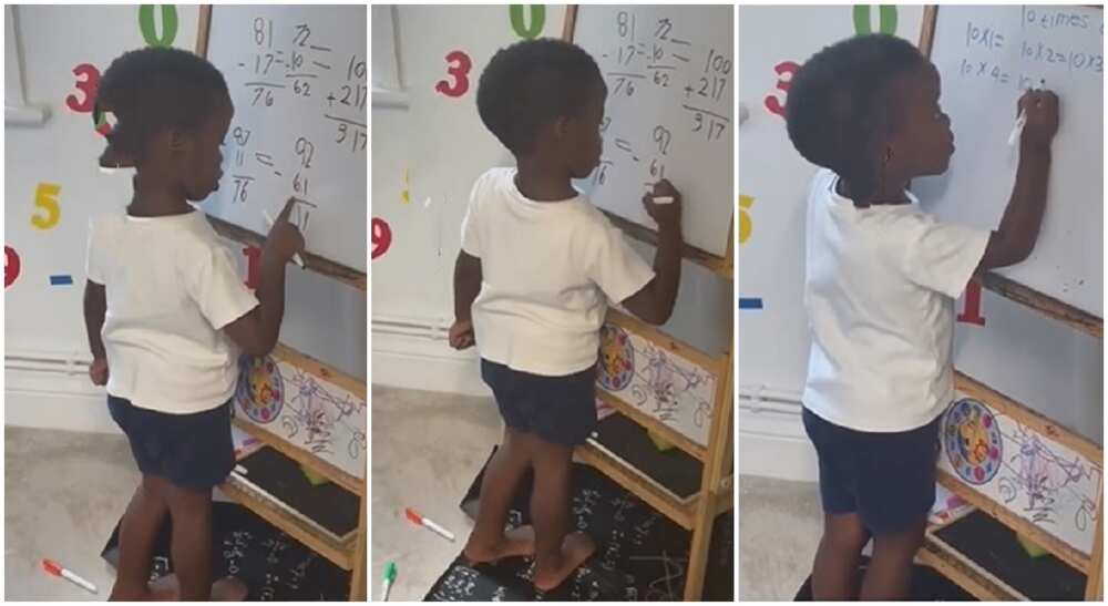 Photos of a 2-year-old black boy solving Mathematics problems.