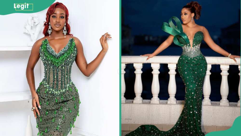 Women in emerald green sequence mermaid gowns