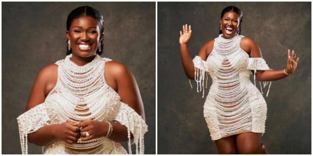Warri Pikin in her pearl bridal shower dress Warri Pikin in her pearl bridal shower dress