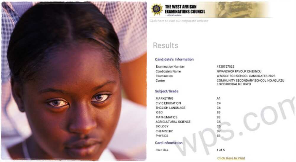 Photos of WAEC result with A1 in marketing.