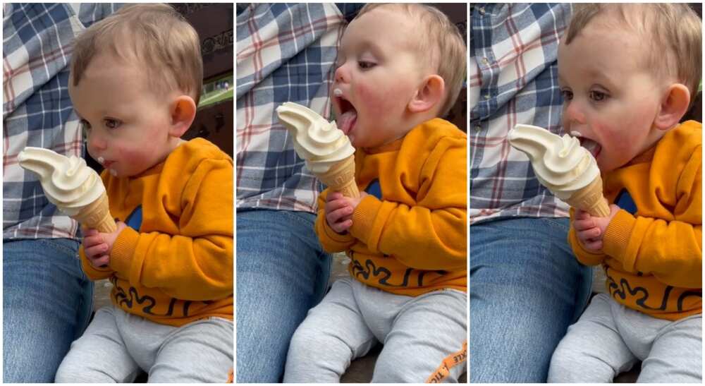 Litlte boy seen in video licking ice cream with relish.