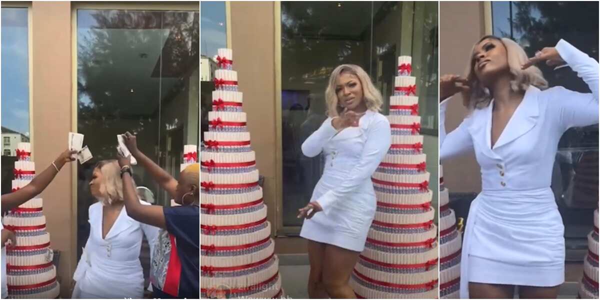 Liquorose dances for fans as they surprise ex-housemate with money cakes taller than her during meet and greet