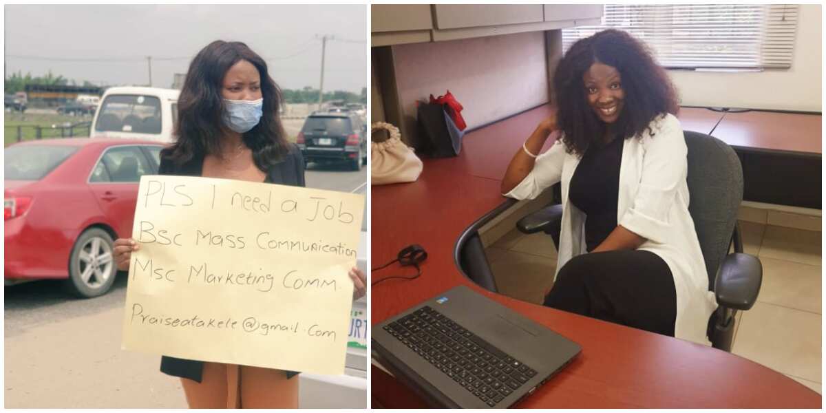 Female graduate who had hit the street with cardboard to beg for job finally gets one, shares office photo