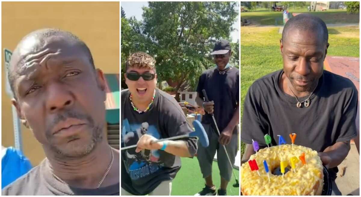 Homeless man gets big birthday cake from kind stranger, gifted N207k, taken out for golf game in cool video