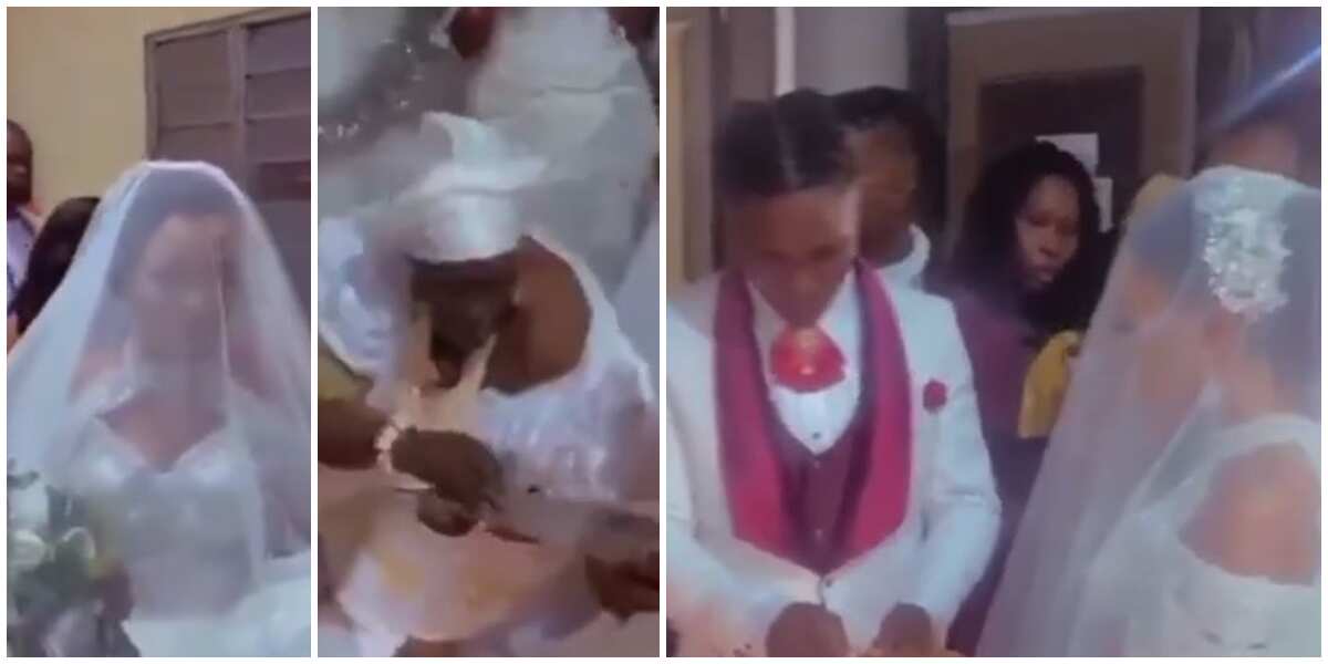 Nigerians react to trending video of couple who wedded inside shrine of bride's mother in Delta