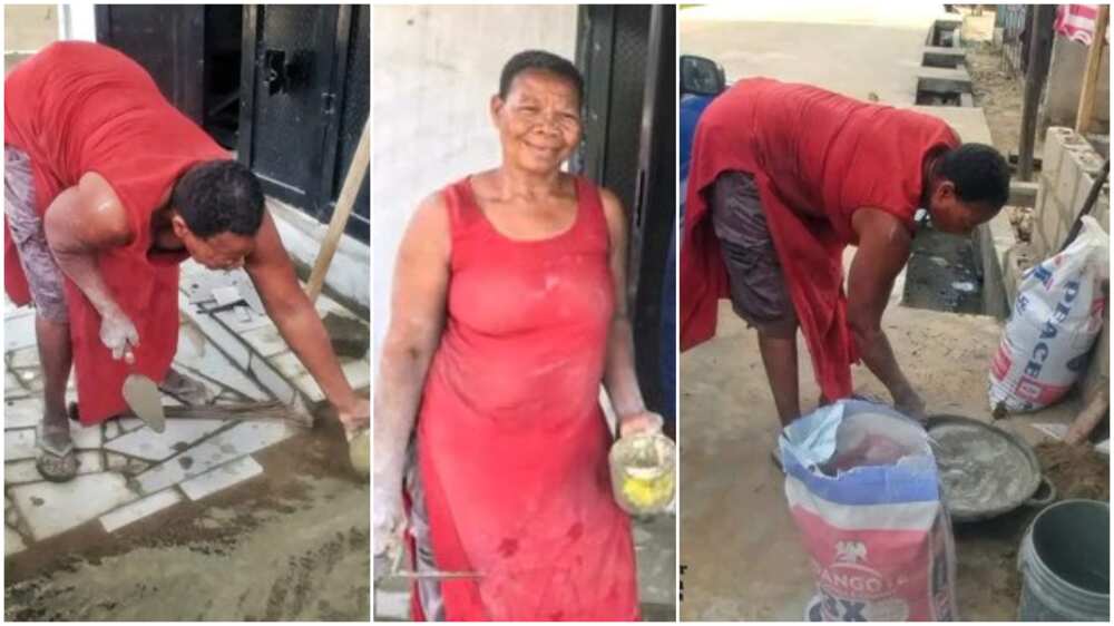 Tiling job in Nigeria/old woman working.