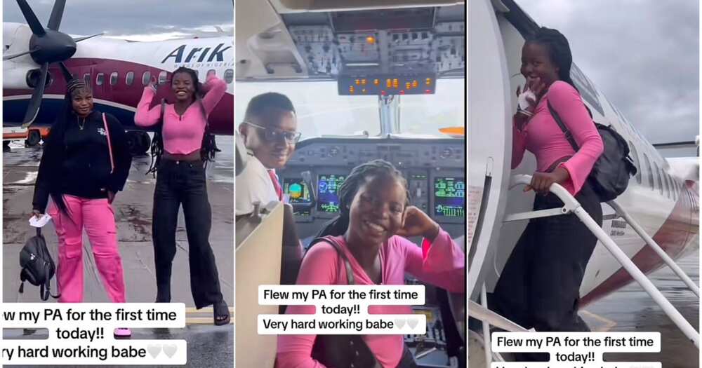 Lady flies her PA on a plane for the first time