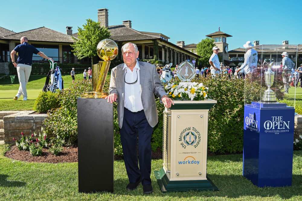 Jack Nicklaus poses with the Larry O'Brien trophy in Dublin, Ohio