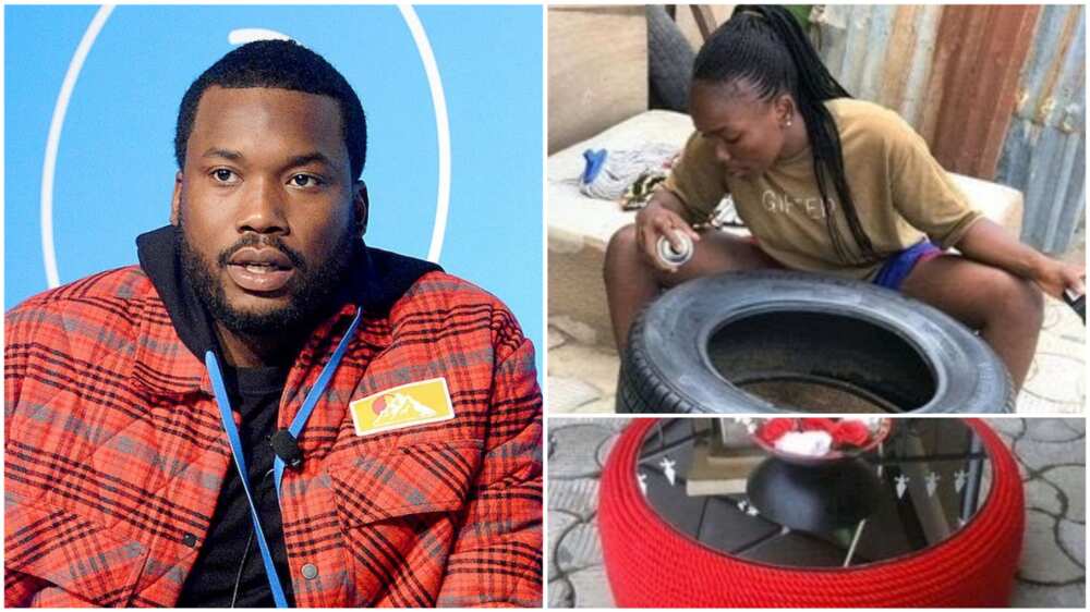 A collage showing Meek Mill, the entrepreneur, and the said red table. Photo source: Highsnobiety/Twitter/Favour Oluma