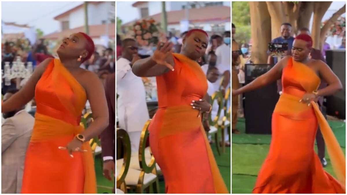 Na fight? Reactions as lady in gown makes serious facial expression as she dances at wedding ceremony in video