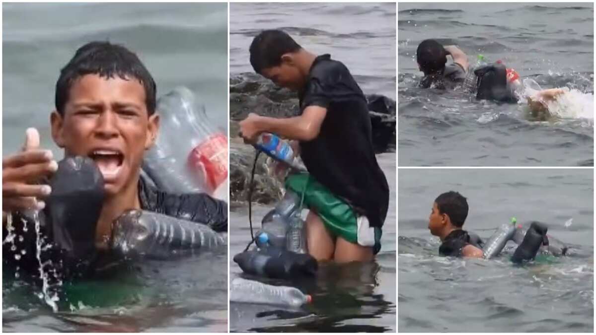 Smart young boy saves himself at sea as he swims with plastic bottles, emotional video breaks the internet