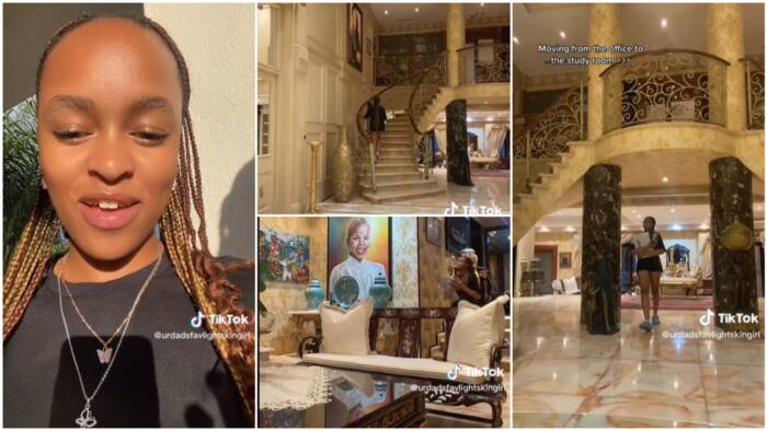 Lady shows off her parents' big house that looks like palace with expensive interior decor & chairs