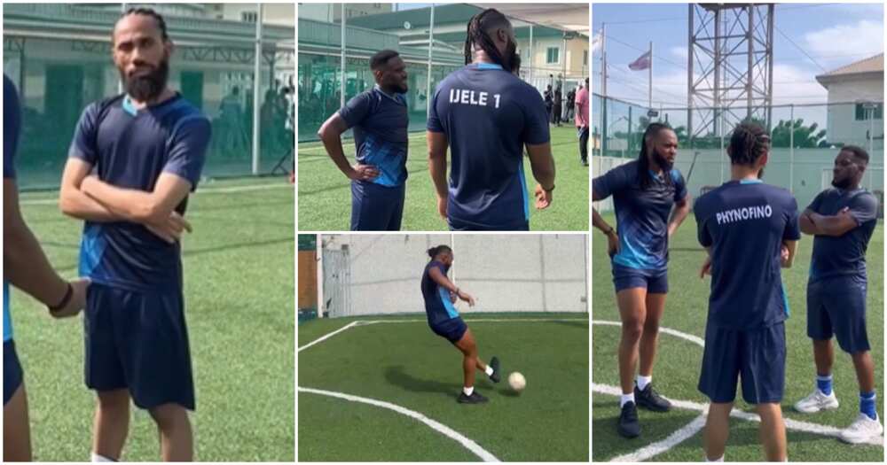 Photos of Phyno, Jay Jay Okocha and Flavour playing football together