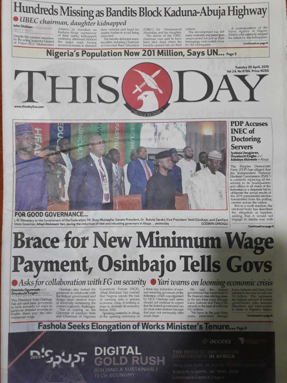 Nigerian newspaper review for April 30: Brace for new minimum wage payment - Osinbajo tells governors