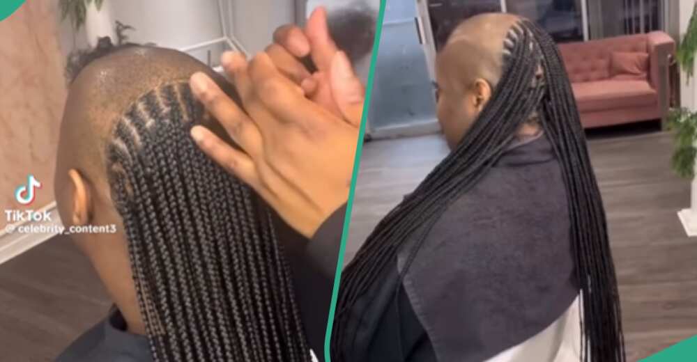 Lady braids her hair in an irregular way
