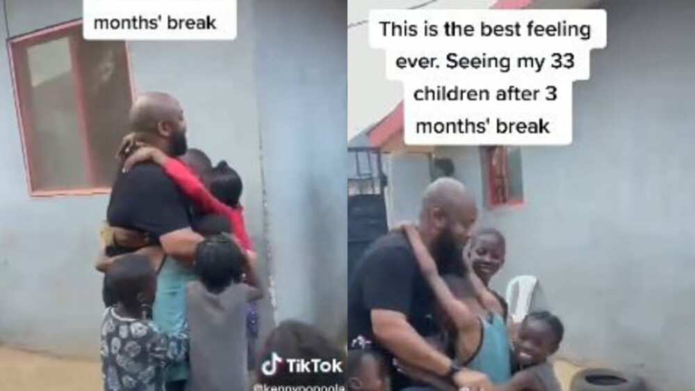Kind man gets hug from happy children