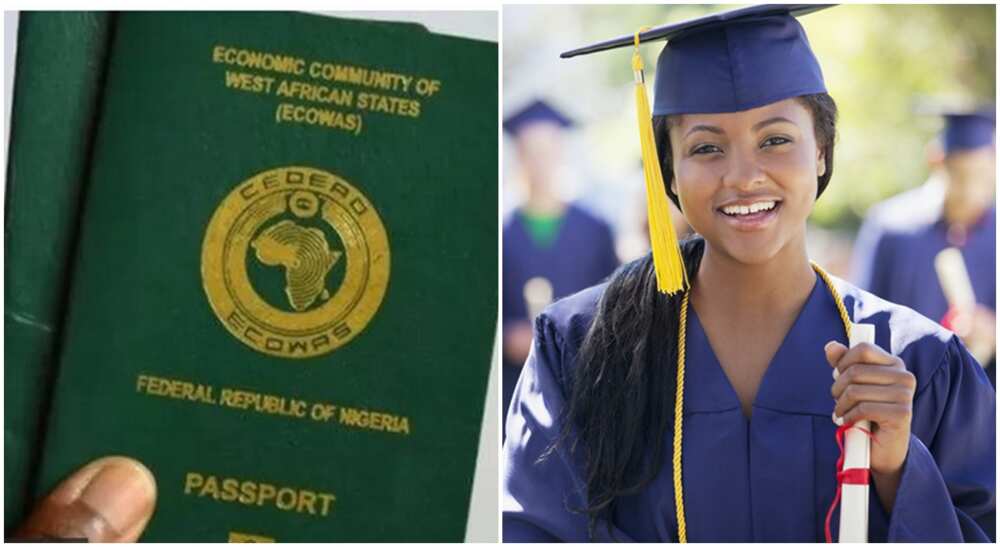 Nigerian passport and photo of black student in graduation gown.