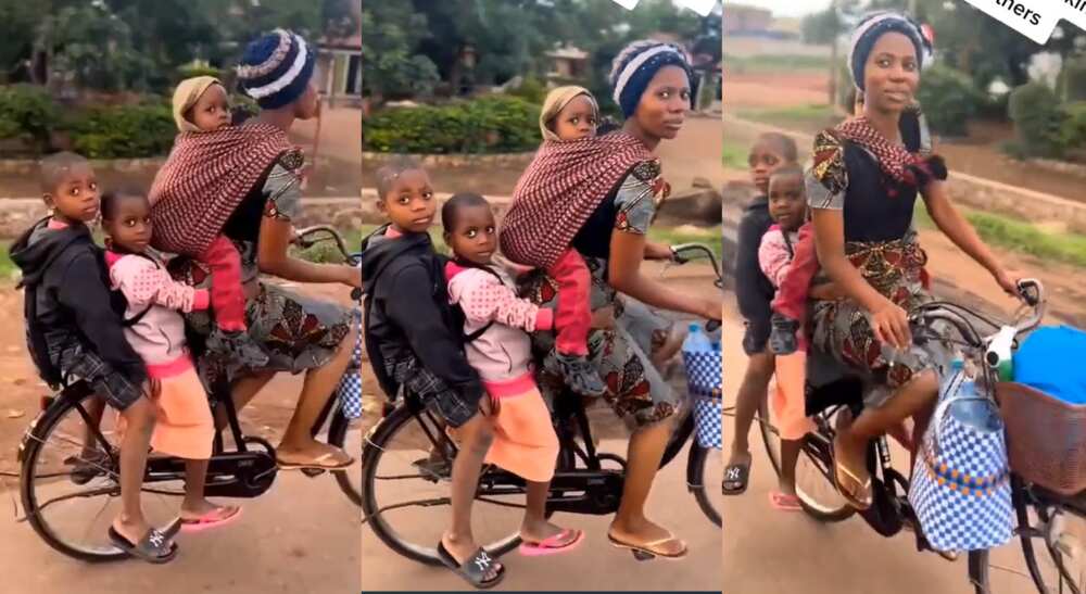 Photos of a mother carrying her 3 children on a bicycle.