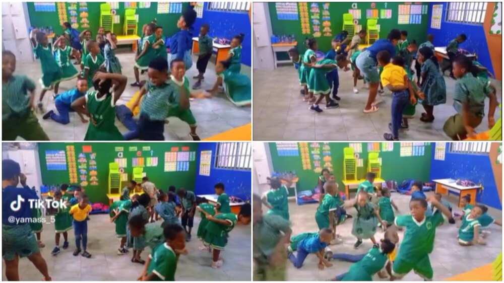 Students dance in class/teacher and kids.