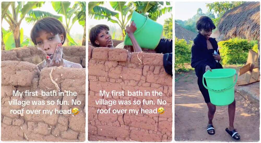 Photos of a lady taking her bath in a roofless bathroom.