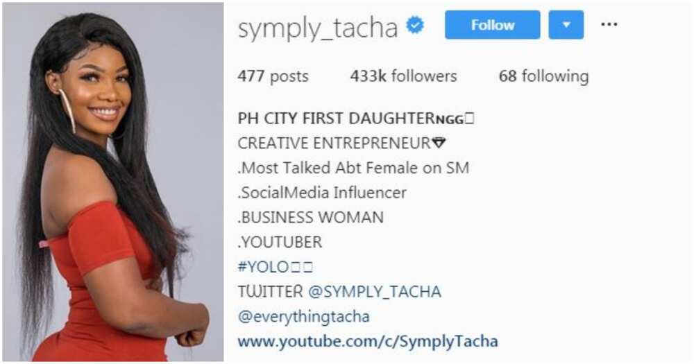 BBNaija 2019: Tacha becomes first housemate to be verified on Instagram